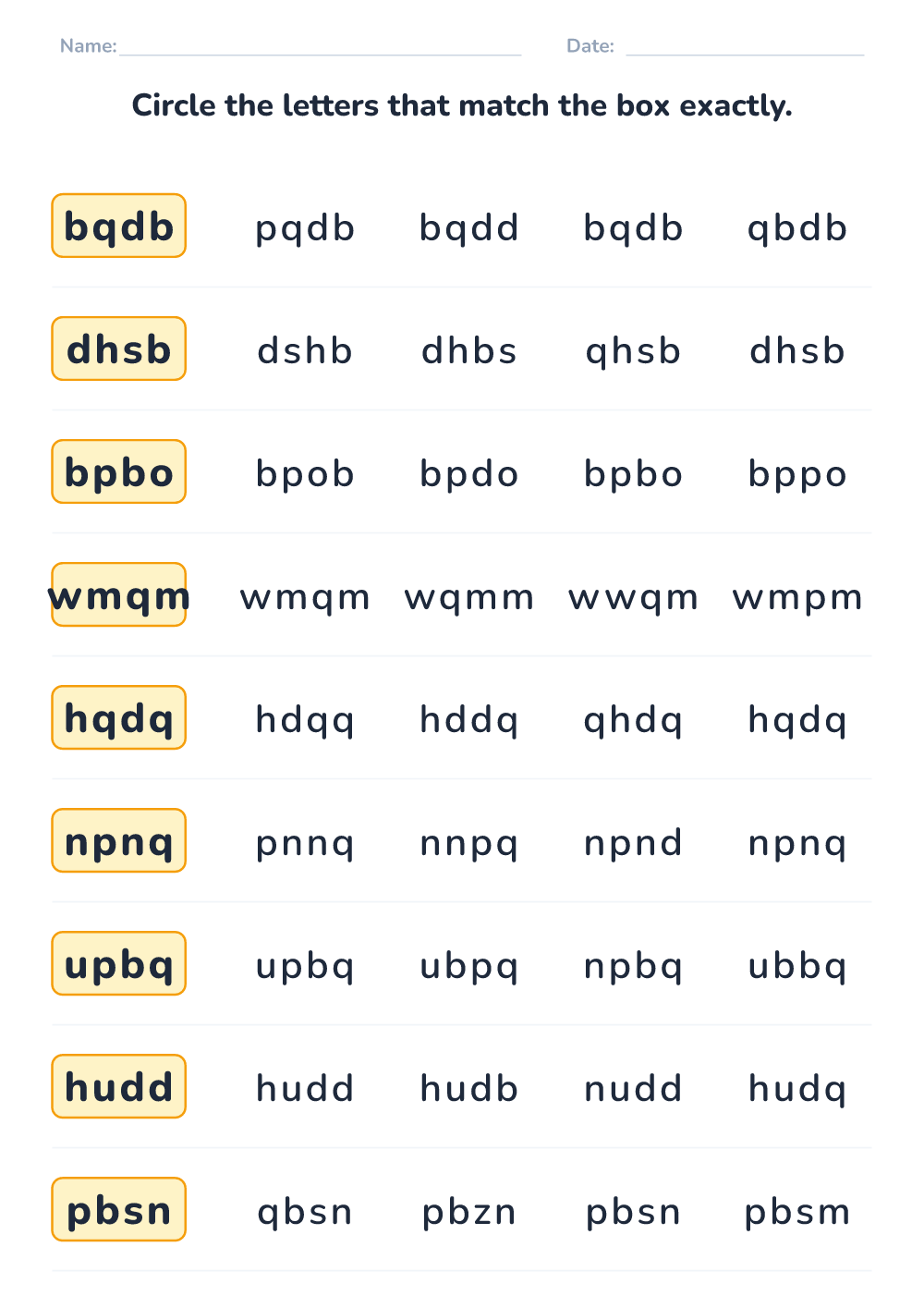 Letter sequence matching (medium, printable)