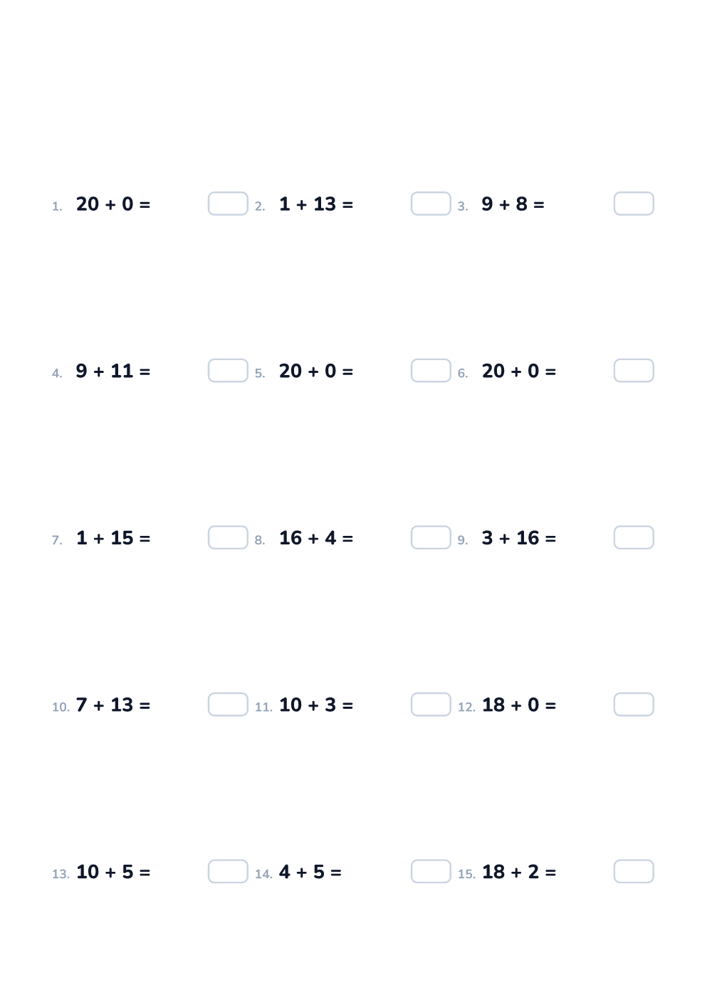 Math worksheet — Addition up to 20, medium (printable)