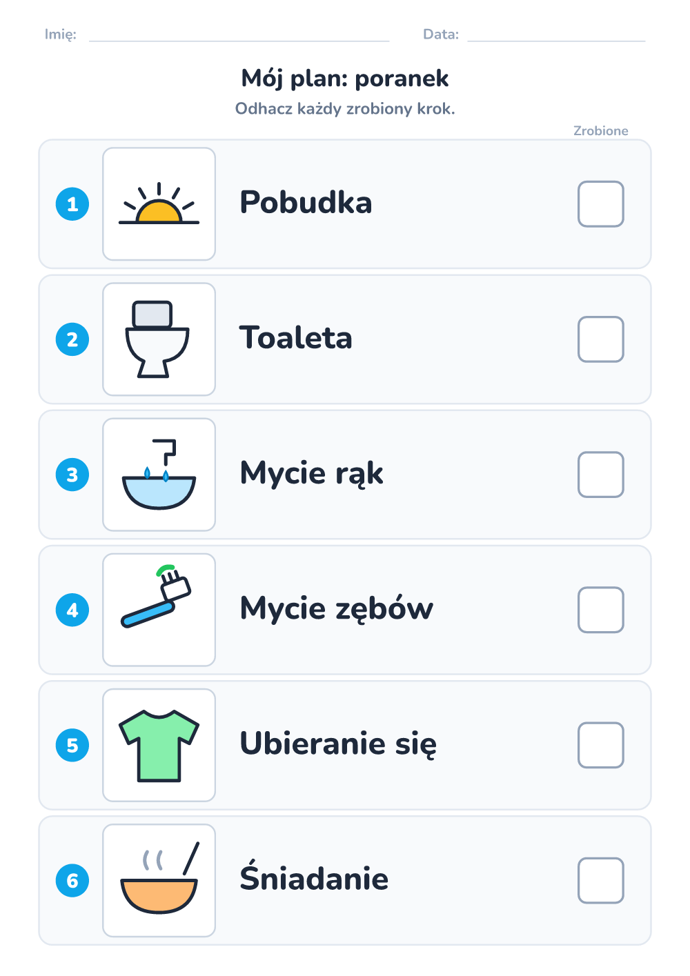 Plan dnia z obrazkami — poranek (średni, do druku)