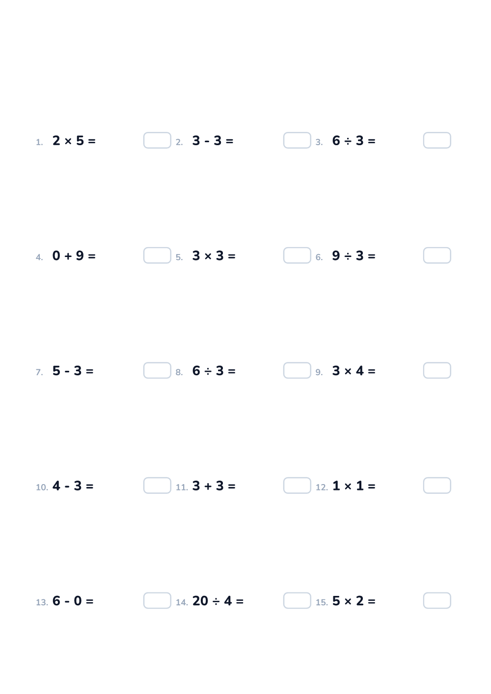 Math worksheet — Mixed operations up to 10, easy (printable)