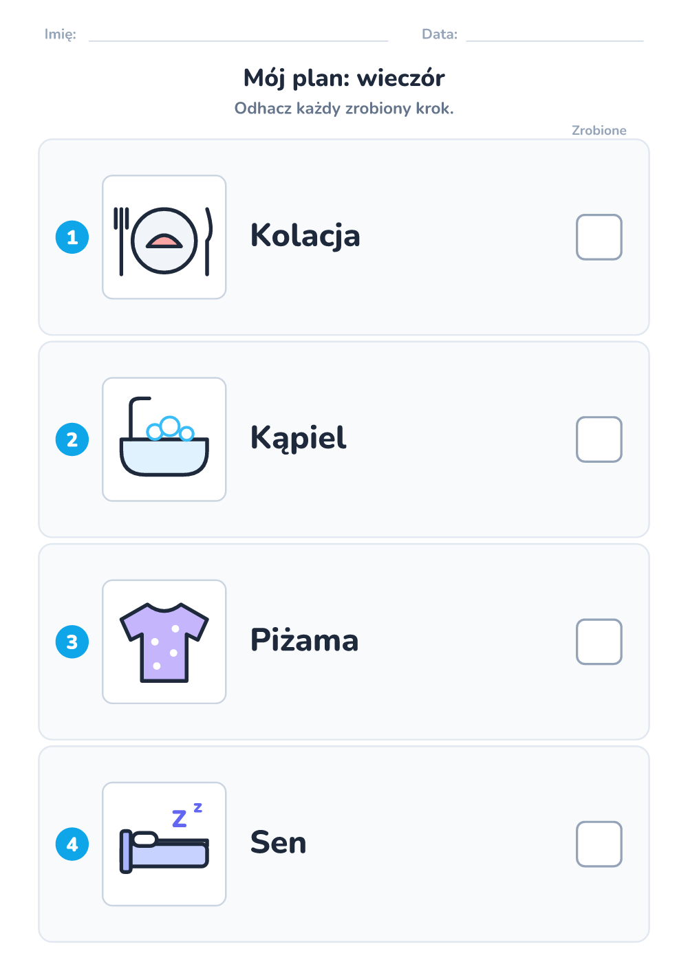 Plan dnia z obrazkami — wieczór (łatwy, do druku)