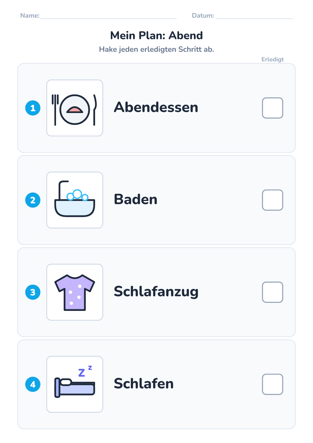 Bilder-Tagesplan — Abend (leicht, zum Ausdrucken)