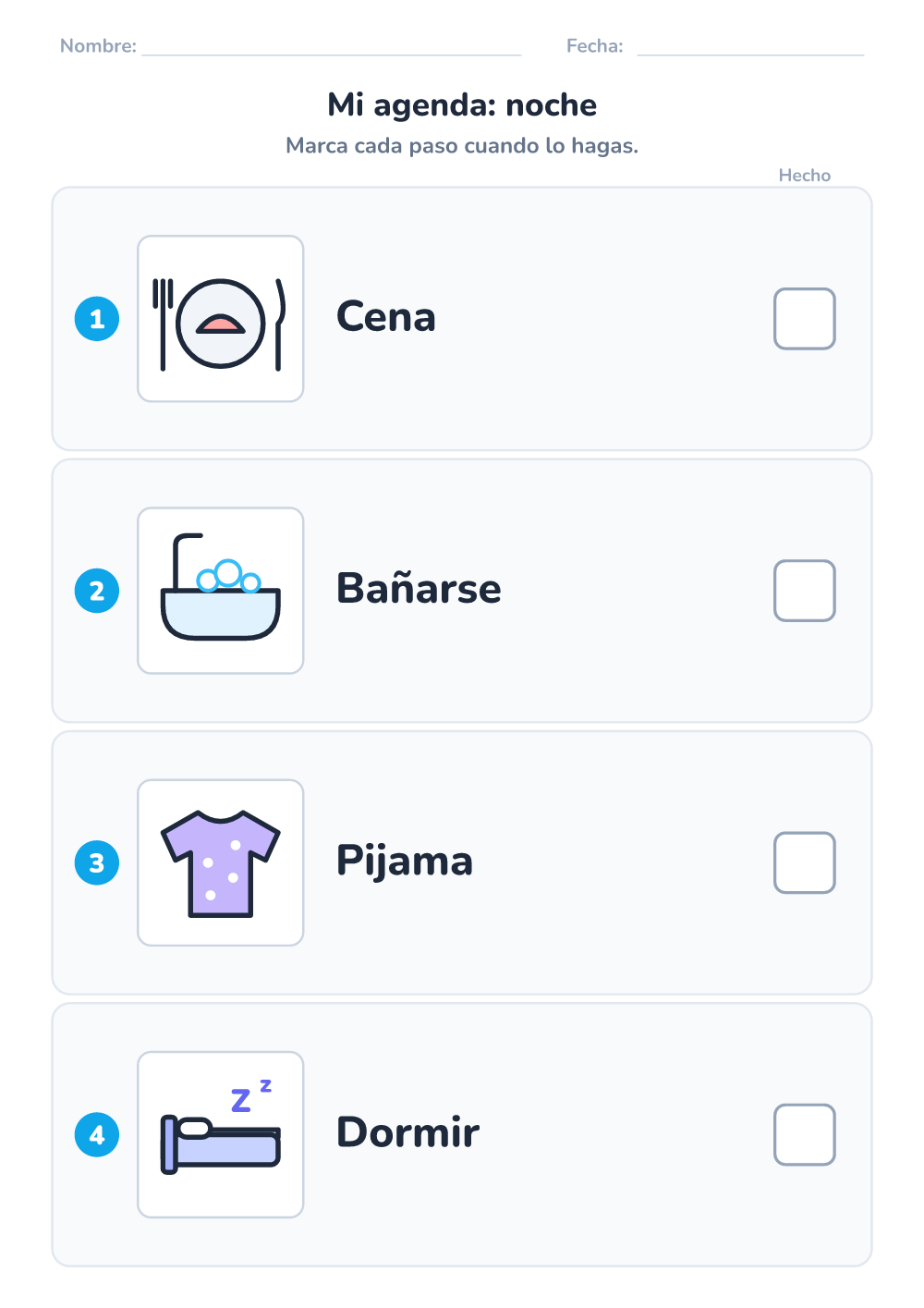 Agenda visual — noche (fácil, para imprimir)