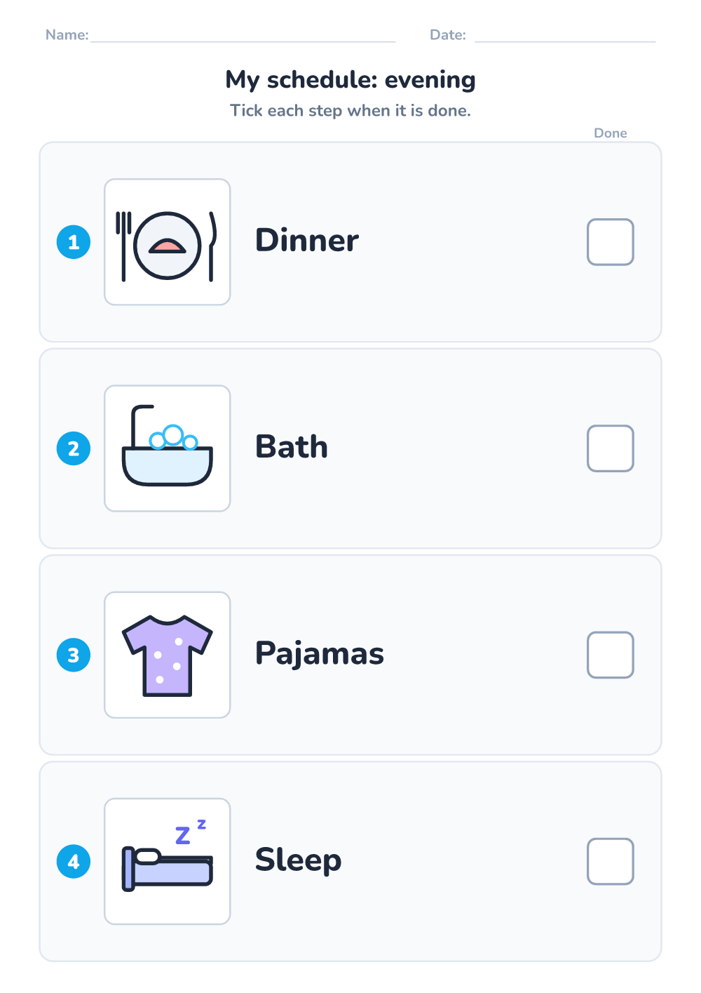 Visual schedule — evening (easy, printable)