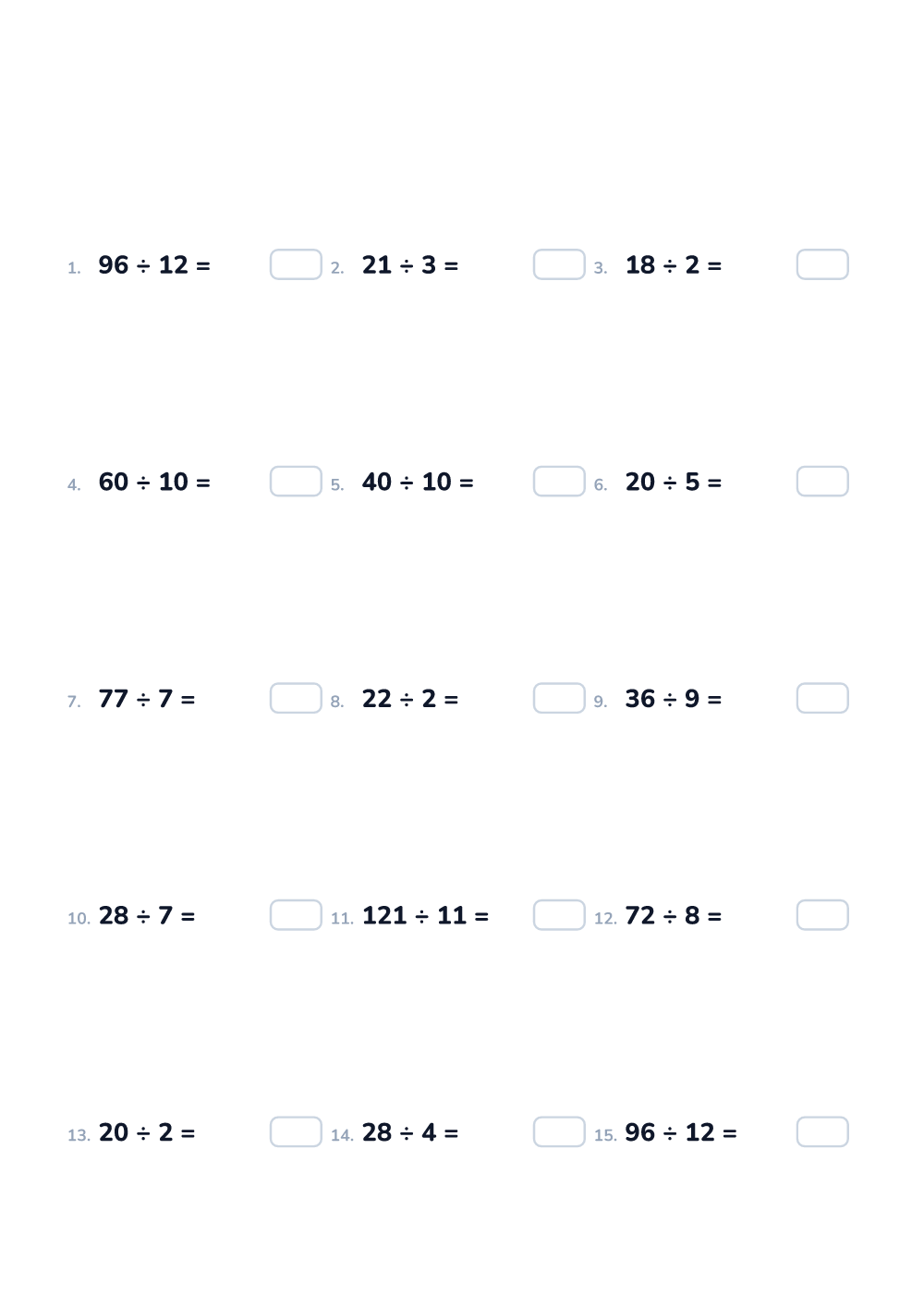 Math worksheet — Division, hard (printable)