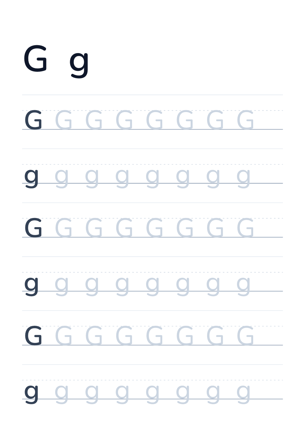 Imparare a scrivere la lettera G — alfabeto English (da stampare)