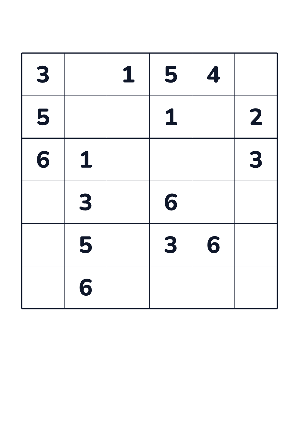 Sudoku 6x6 for kids age 6-8 (printable)