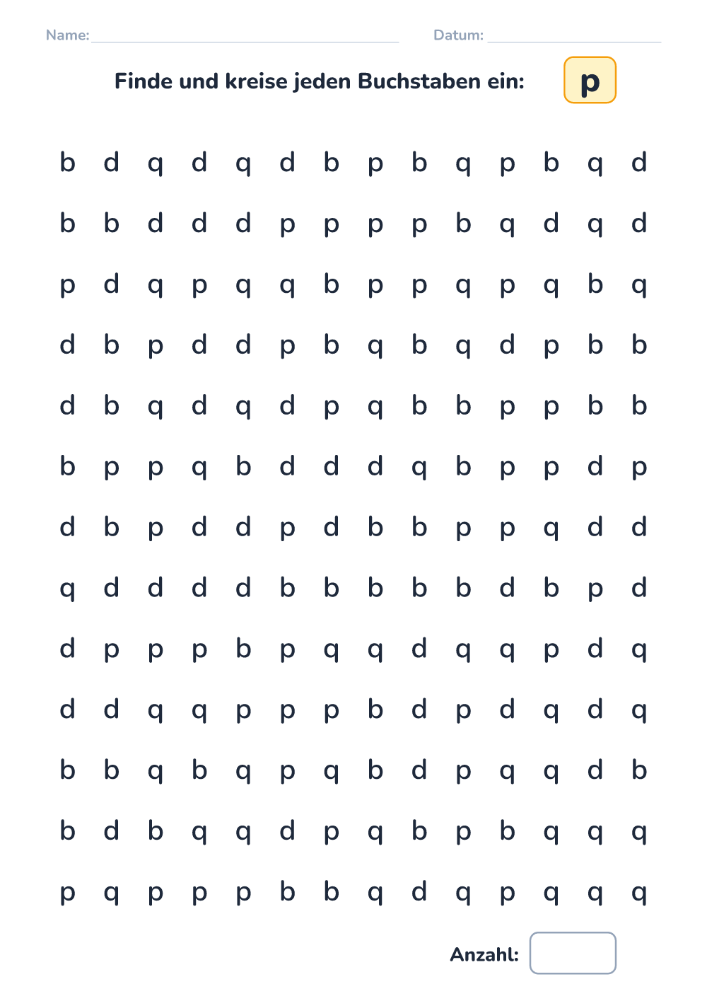 Buchstaben unterscheiden p (schwer, zum Ausdrucken)