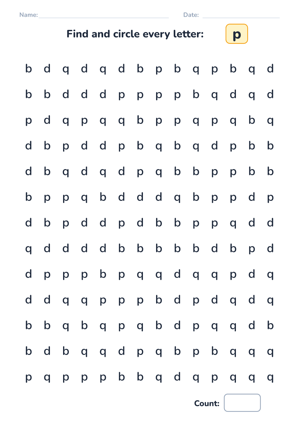 Letter discrimination p (hard, printable)
