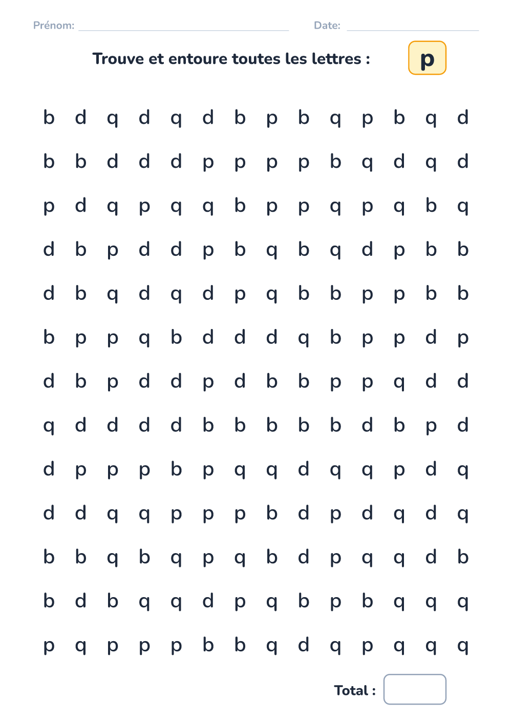 Discrimination des lettres p (difficile, à imprimer)