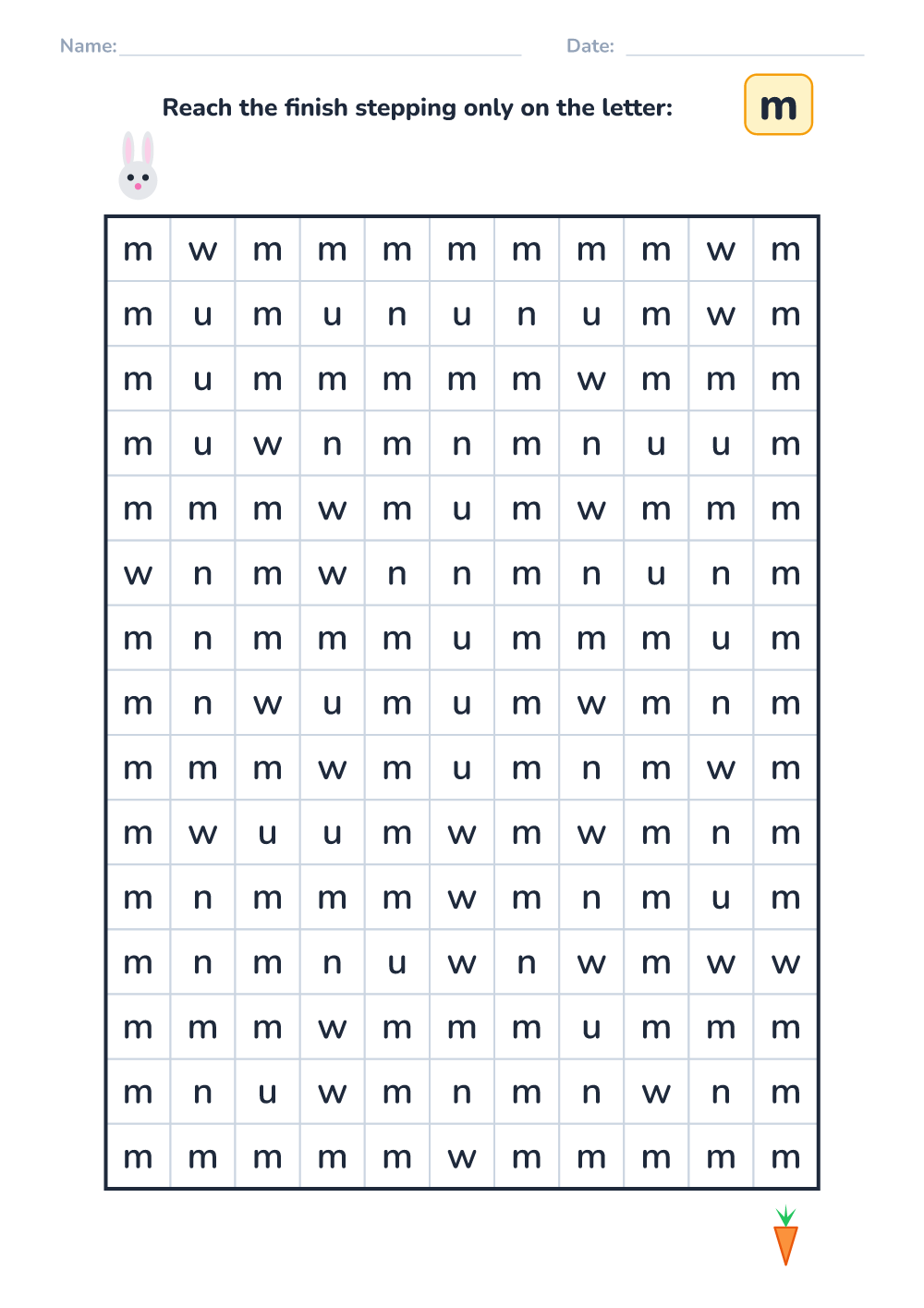 Letter maze m (hard, printable)