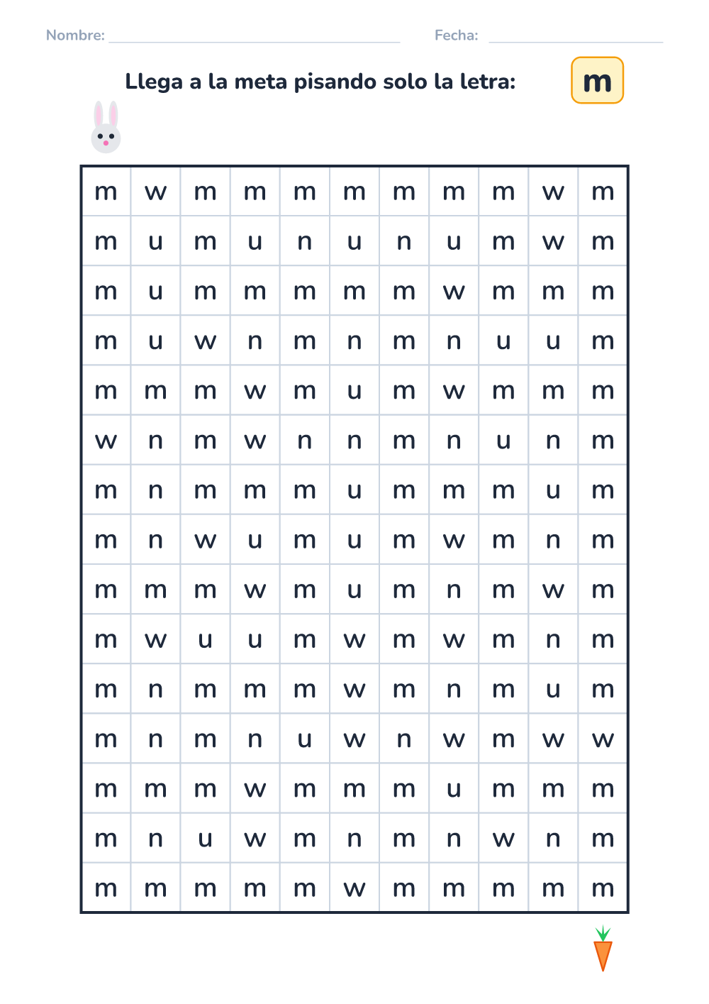 Laberinto de letras m (difícil, para imprimir)