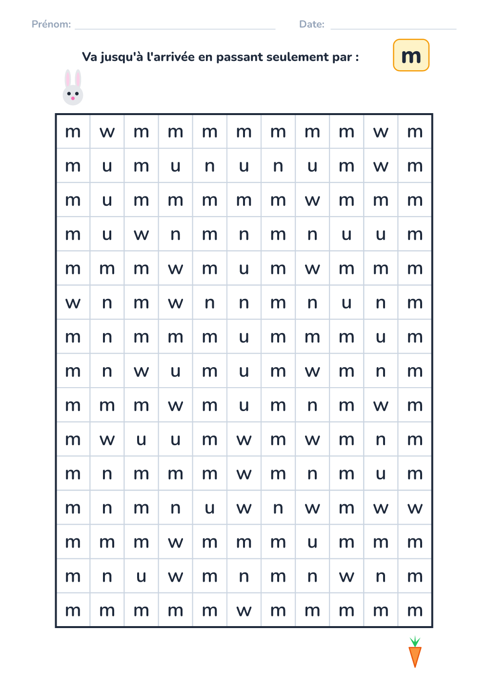 Labyrinthe de lettres m (difficile, à imprimer)