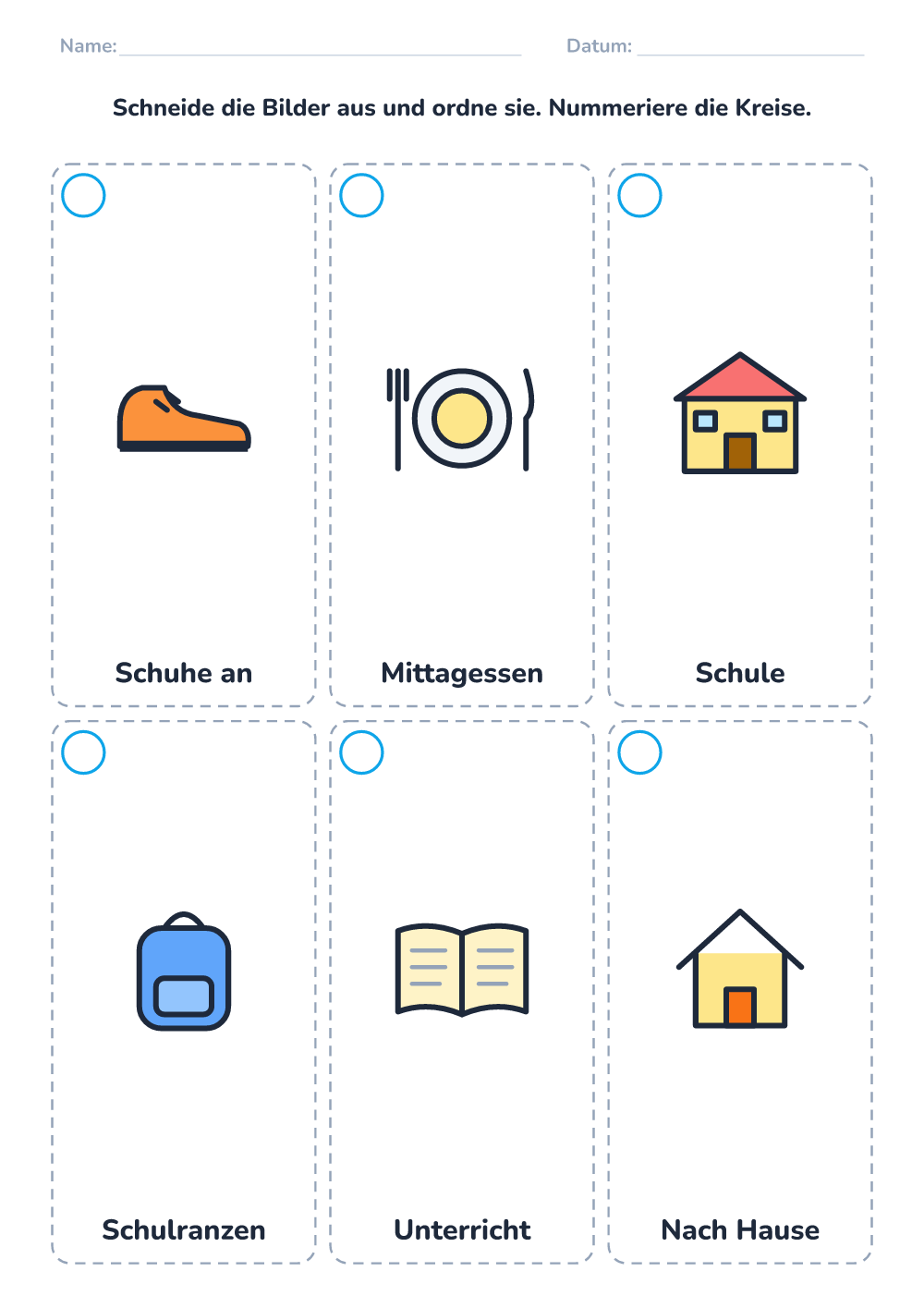 Bildergeschichte ordnen — Schultag (schwer, zum Ausdrucken)
