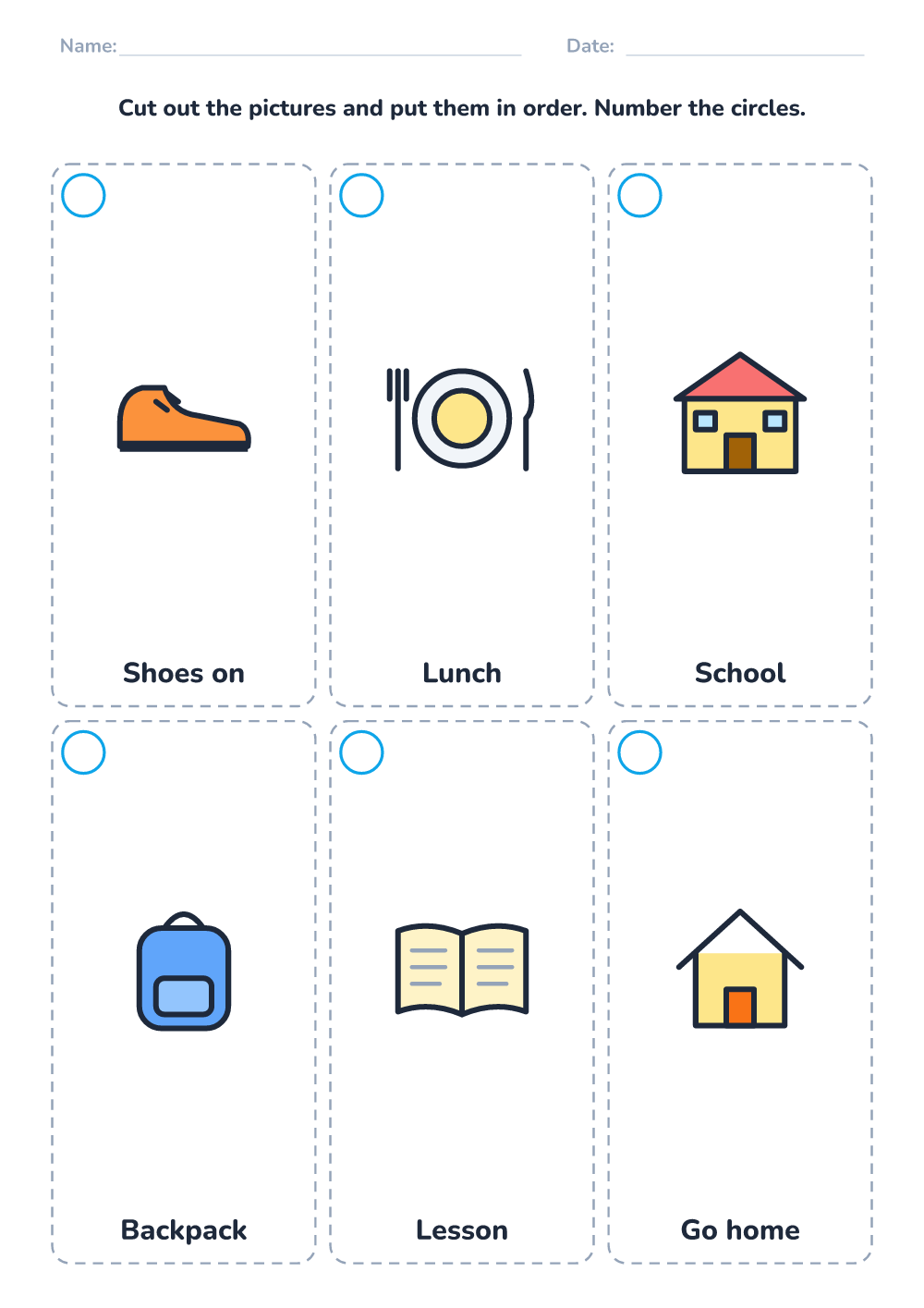 Picture sequencing — school day (hard, printable)
