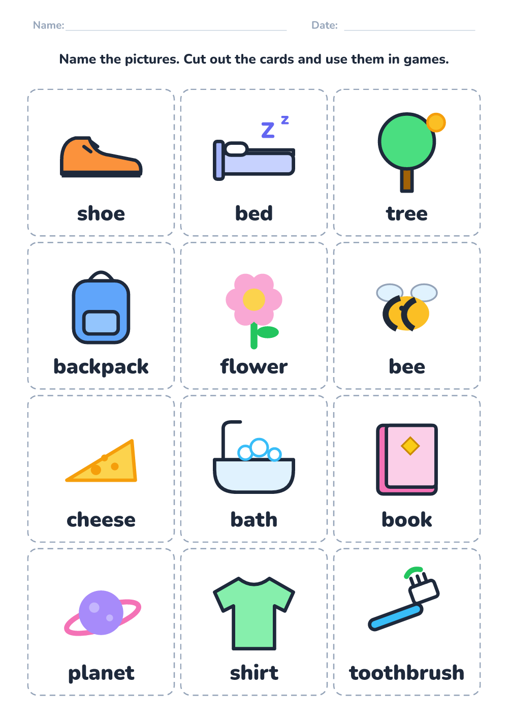 Picture naming cards (hard, printable)