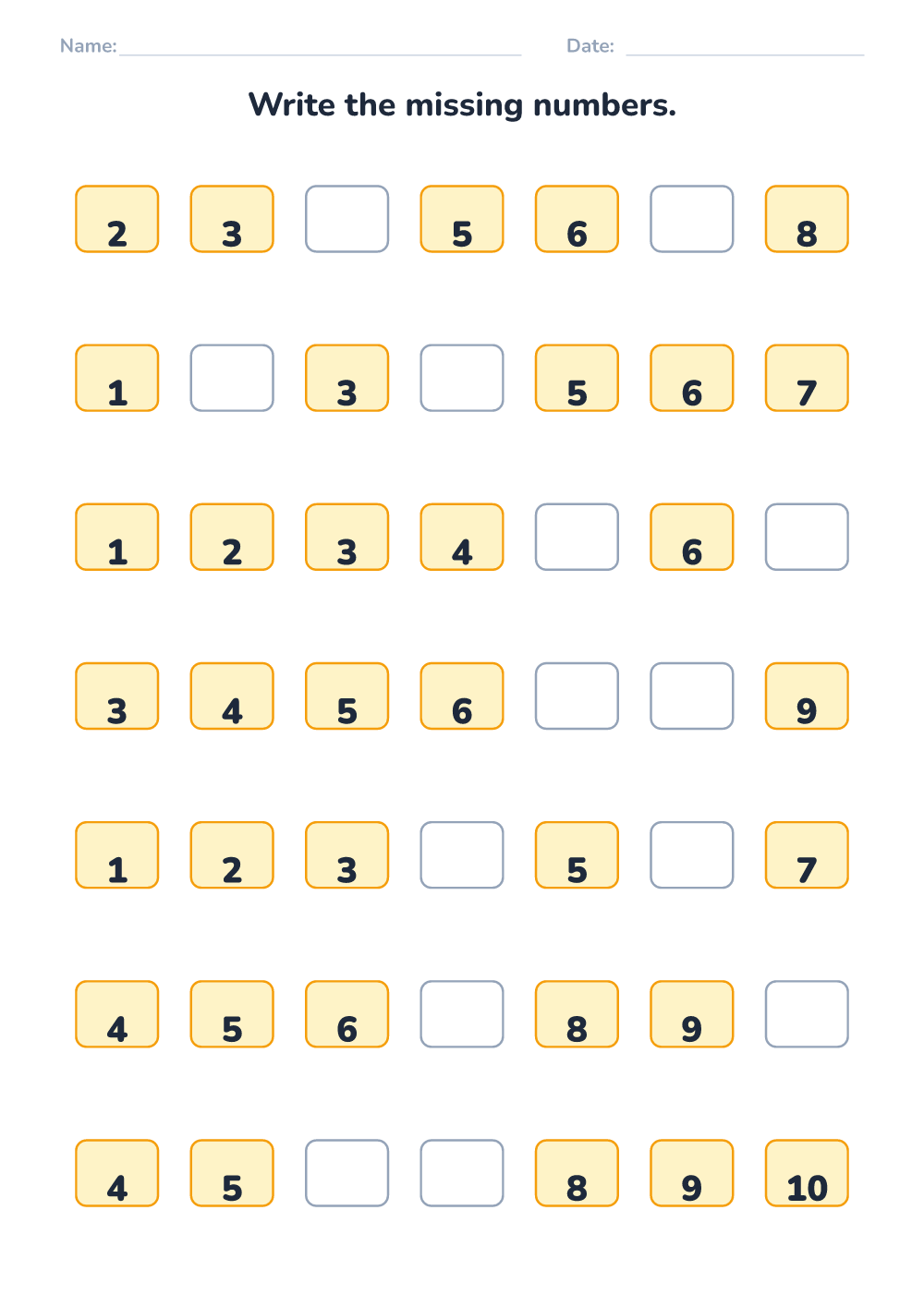Missing numbers (easy, printable)