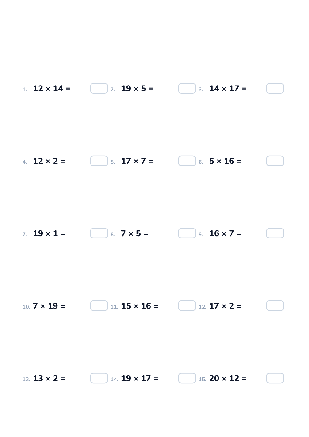 Math worksheet — Multiplication, expert (printable)