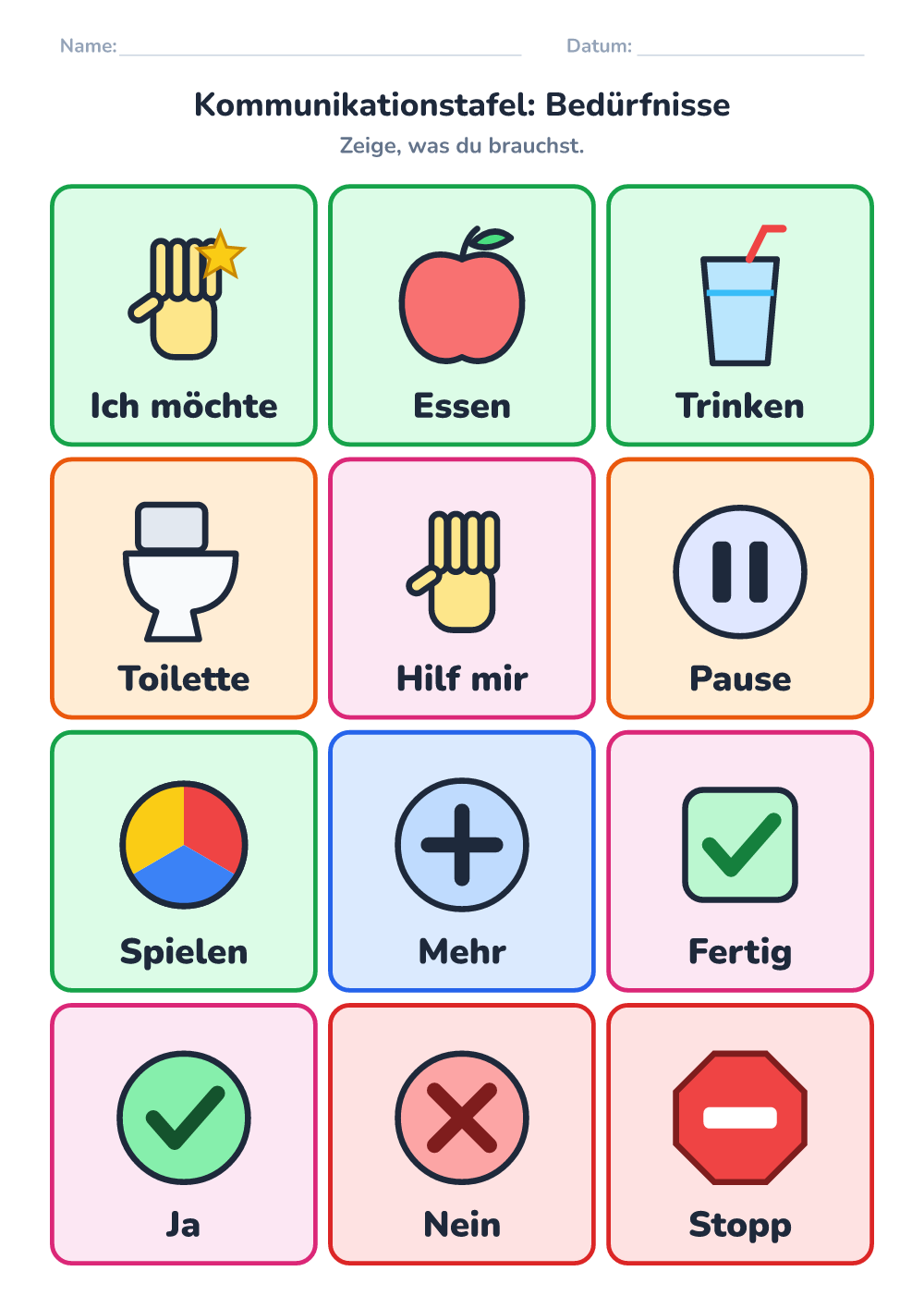 Kommunikationstafel — Bedürfnisse (schwer, zum Ausdrucken)