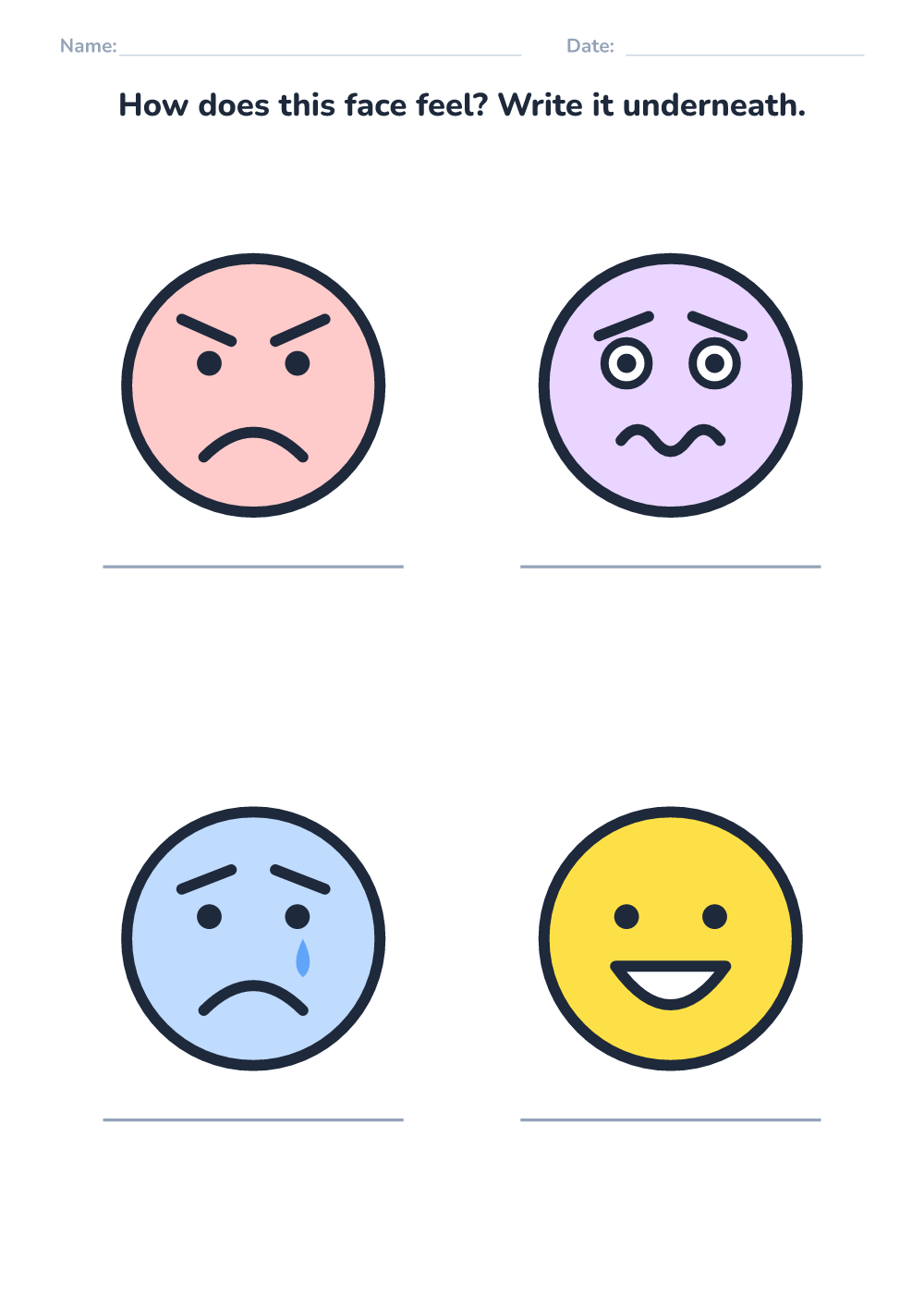 Emotions worksheet — name the feeling (easy, printable)