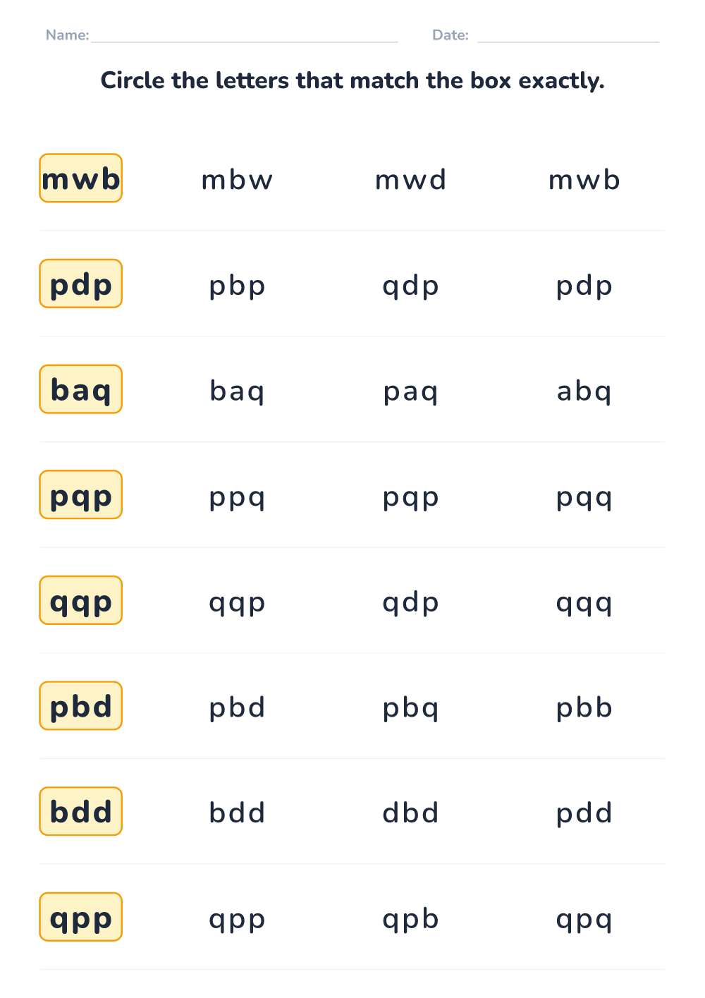 Letter sequence matching (easy, printable)
