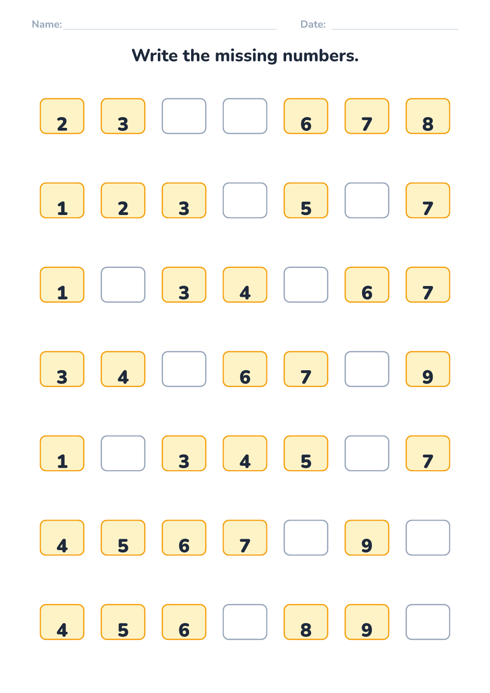 Missing numbers (easy, printable)