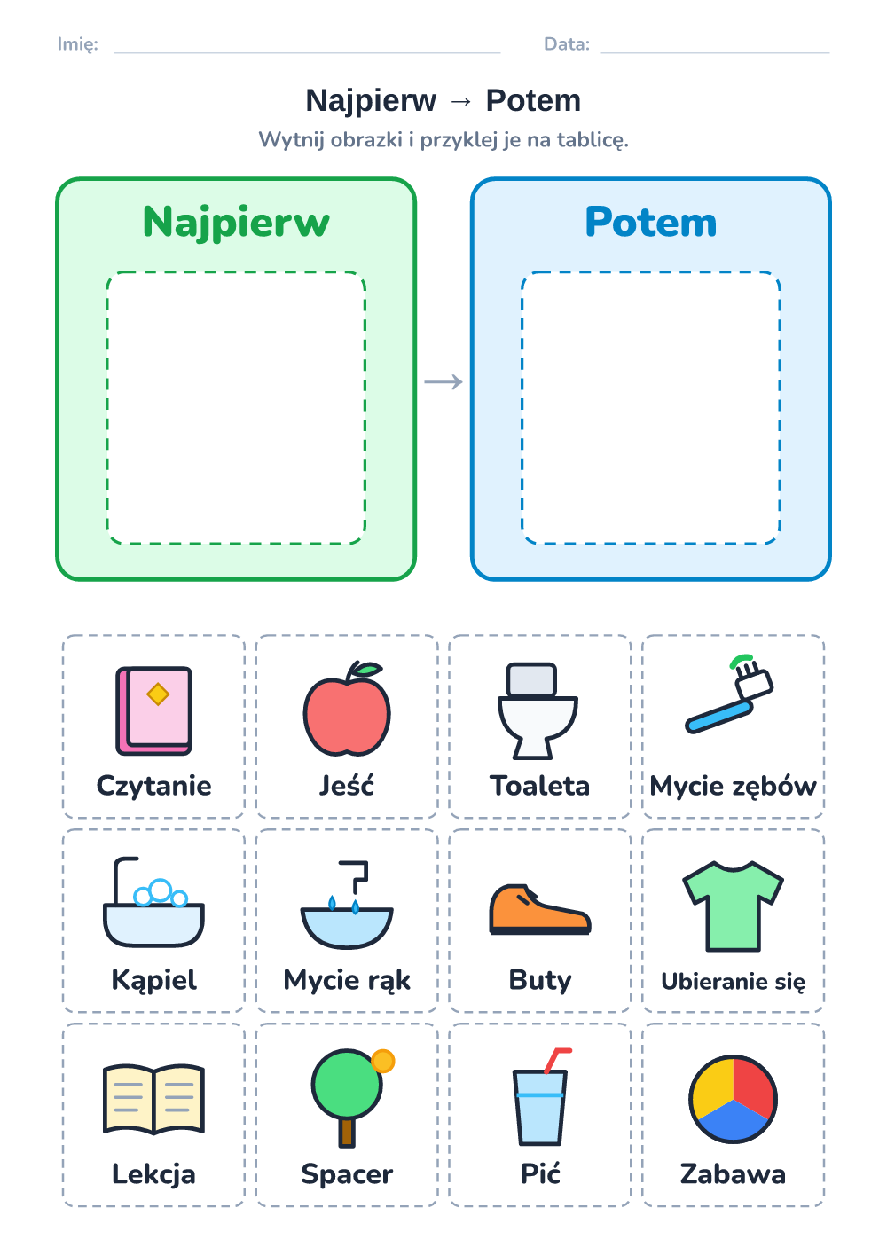 Plan dnia z obrazkami — najpierw – potem (trudny, do druku)