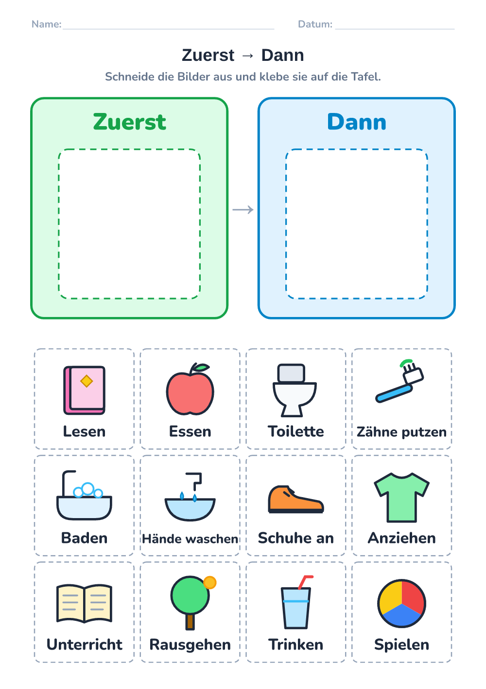 Bilder-Tagesplan — zuerst – dann (schwer, zum Ausdrucken)