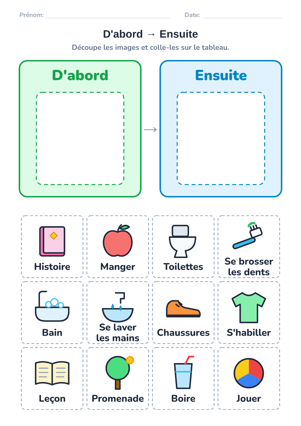 Emploi du temps visuel — d'abord – ensuite (difficile, à imprimer)