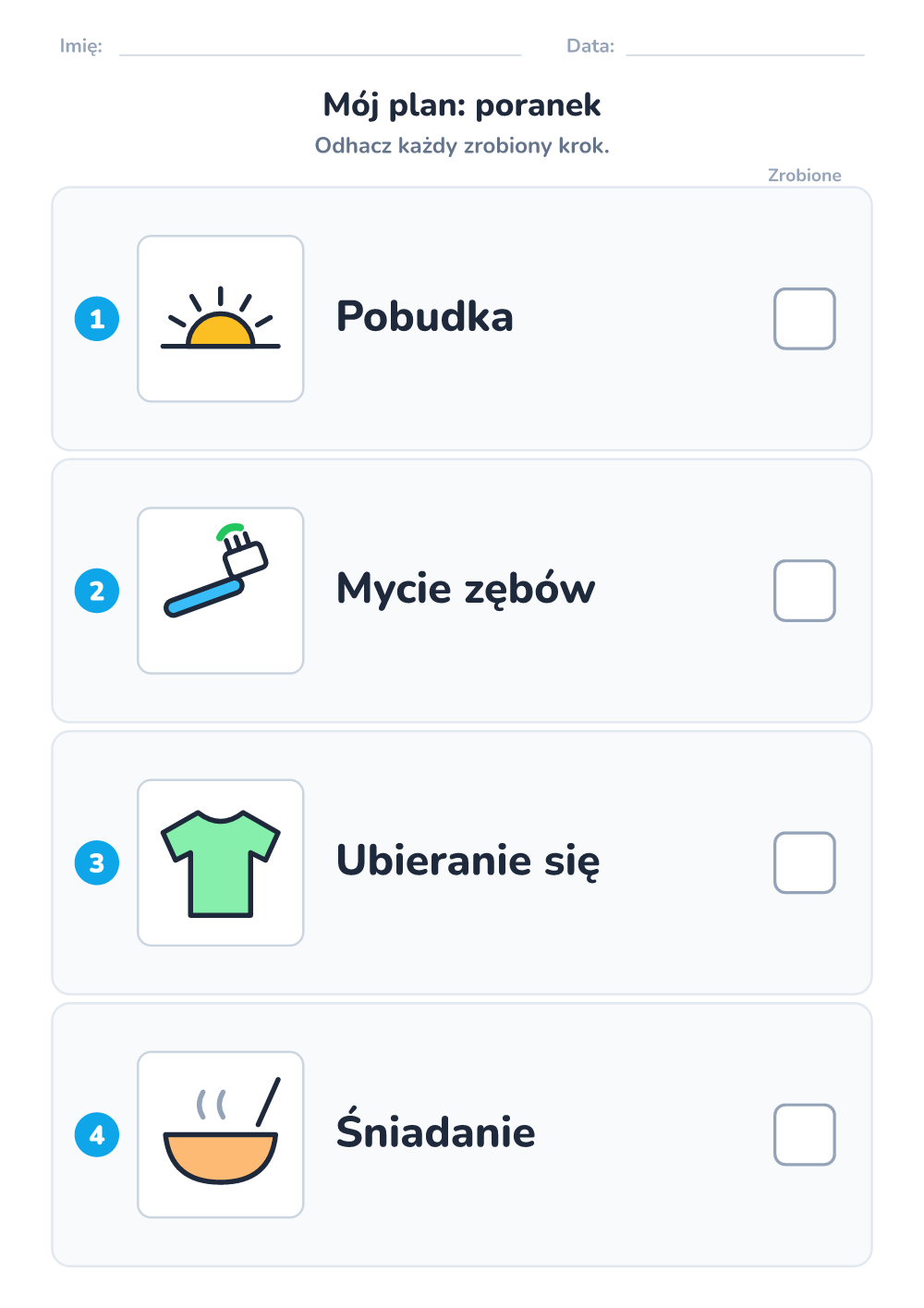 Plan dnia z obrazkami — poranek (łatwy, do druku)