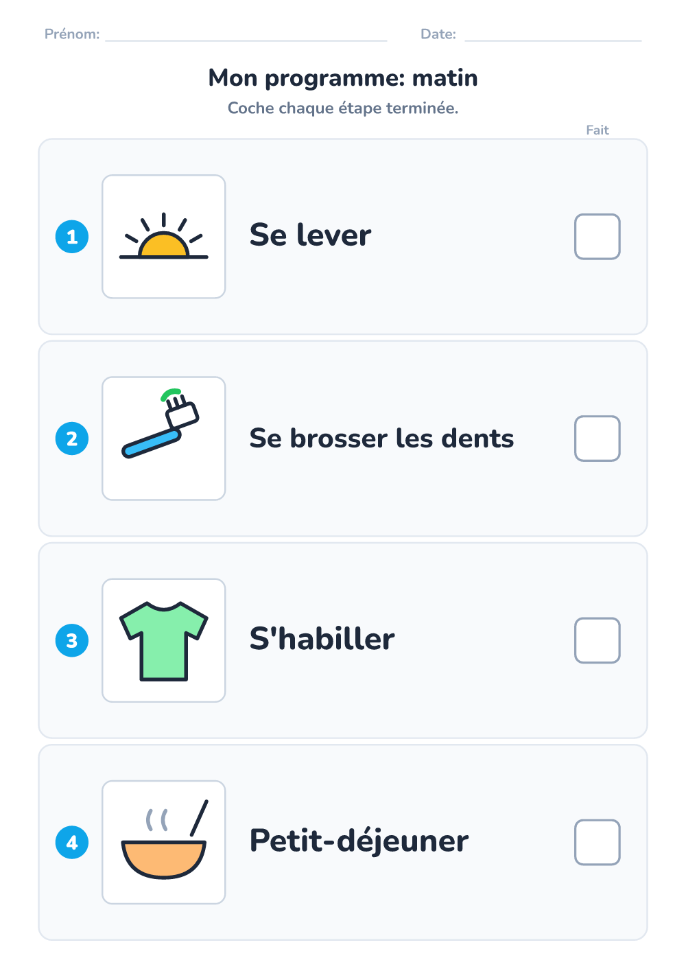 Emploi du temps visuel — matin (facile, à imprimer)