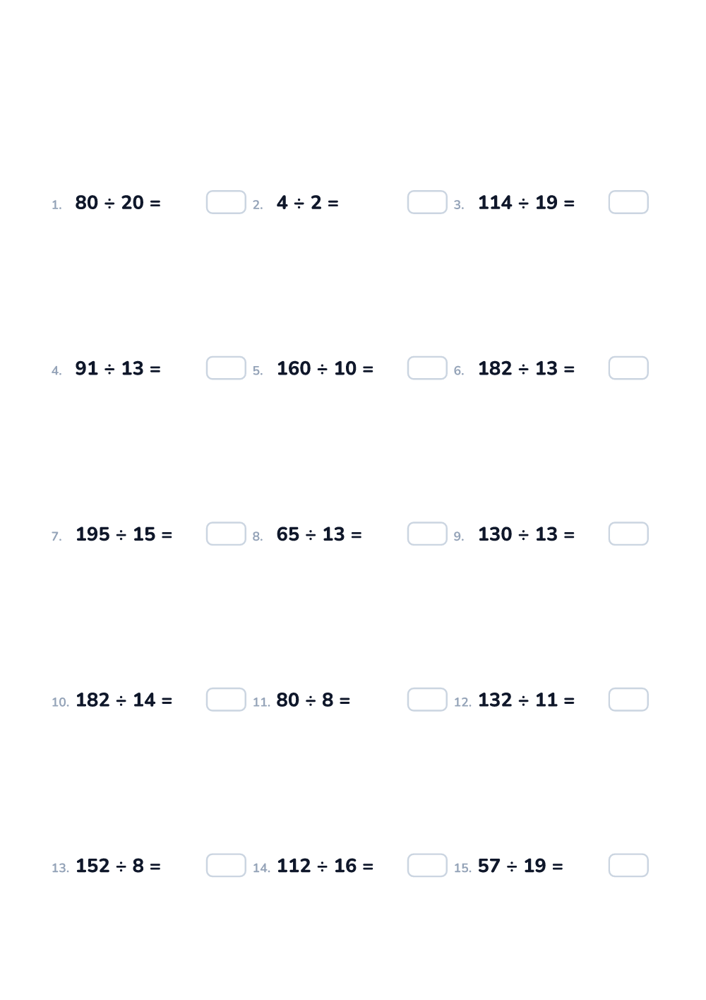 Math worksheet — Division, expert (printable)