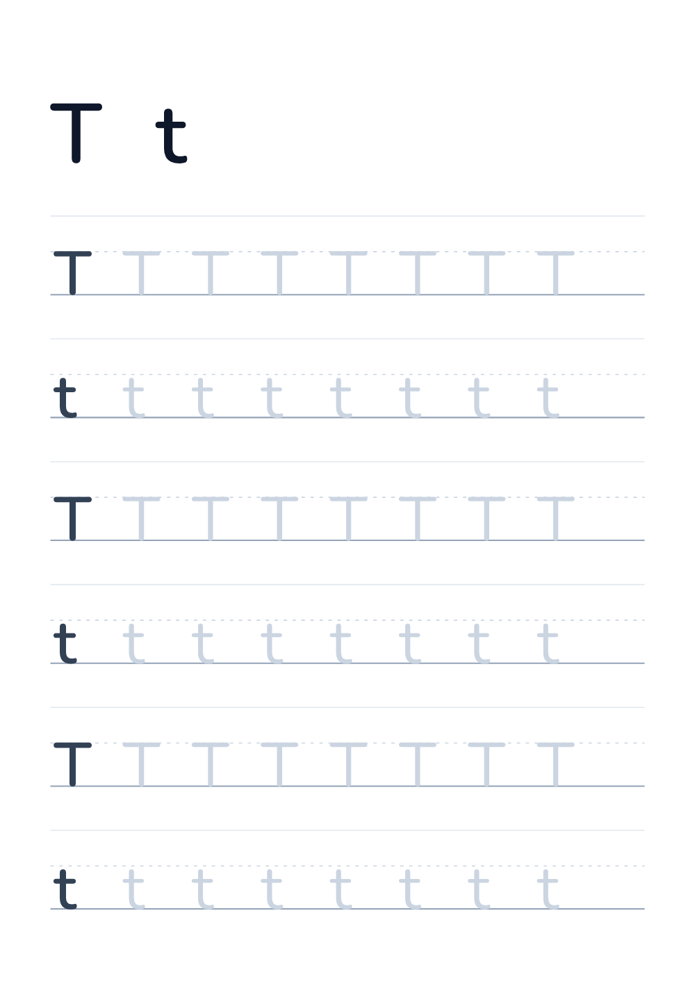Imparare a scrivere la lettera T — alfabeto English (da stampare)