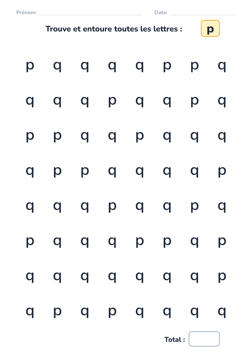 Discrimination des lettres p (facile, à imprimer)