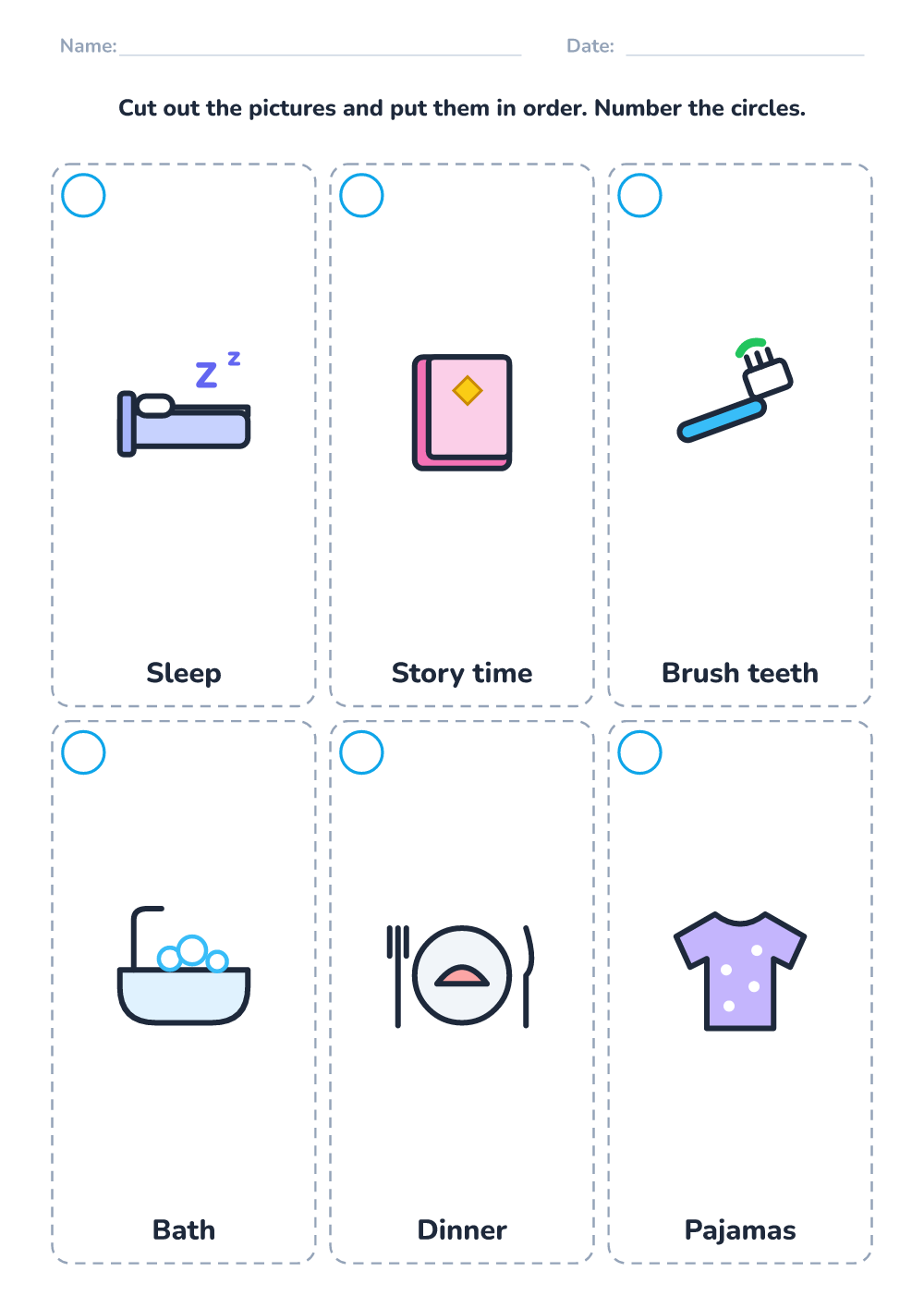Picture sequencing — evening (hard, printable)