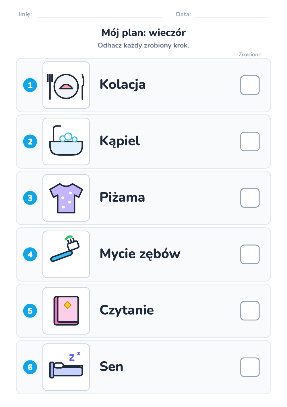 Plan dnia z obrazkami — wieczór (średni, do druku)
