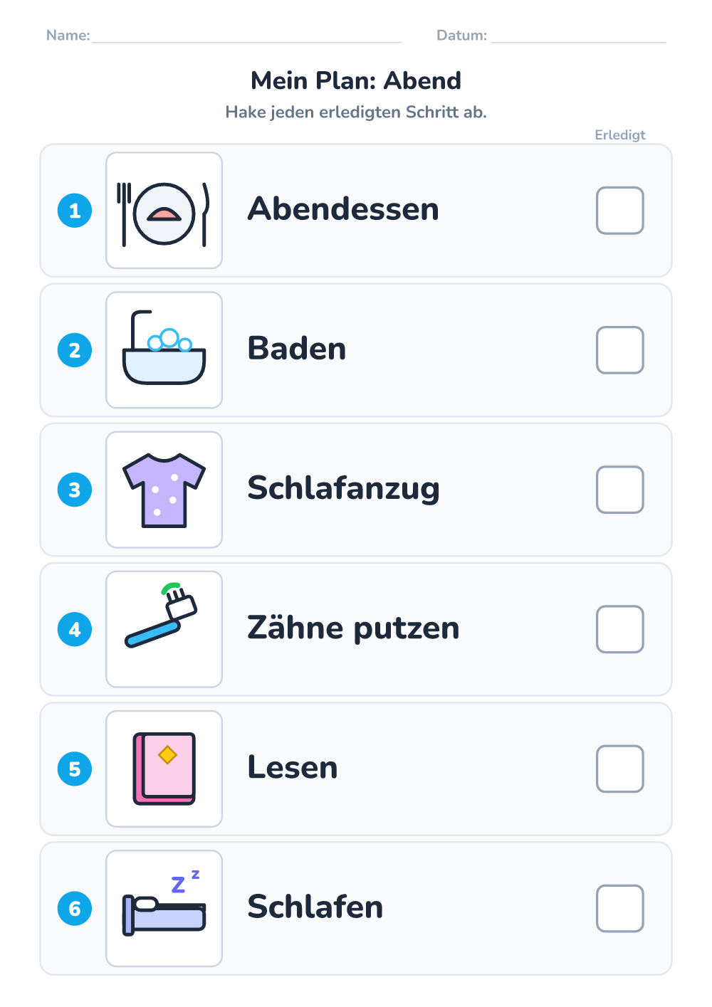 Bilder-Tagesplan — Abend (mittel, zum Ausdrucken)