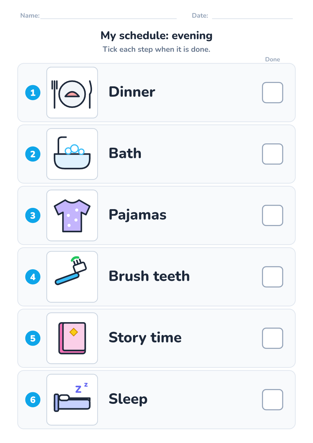 Visual schedule — evening (medium, printable)
