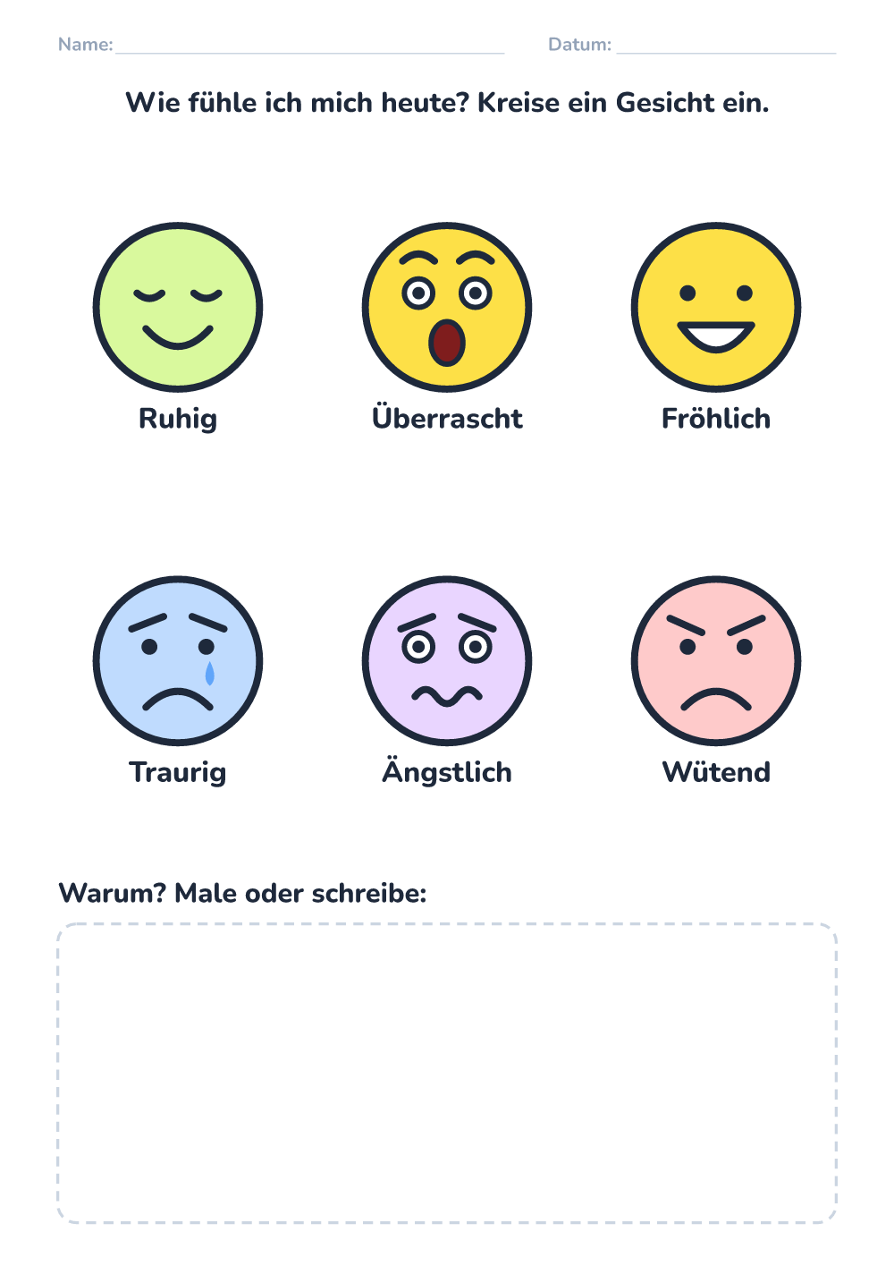 Gefühle – Arbeitsblatt — wie fühle ich mich heute (mittel, zum Ausdrucken)