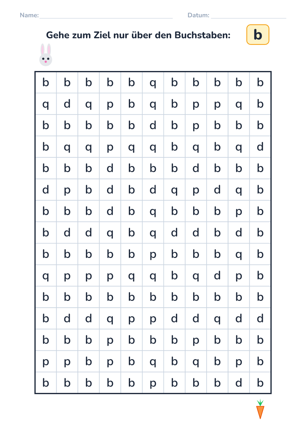 Buchstaben-Labyrinth b (schwer, zum Ausdrucken)