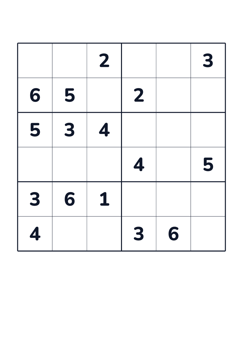 Sudoku 6x6 for kids age 6-8 (printable)