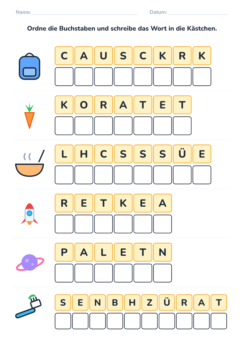 Buchstabensalat (schwer, zum Ausdrucken)