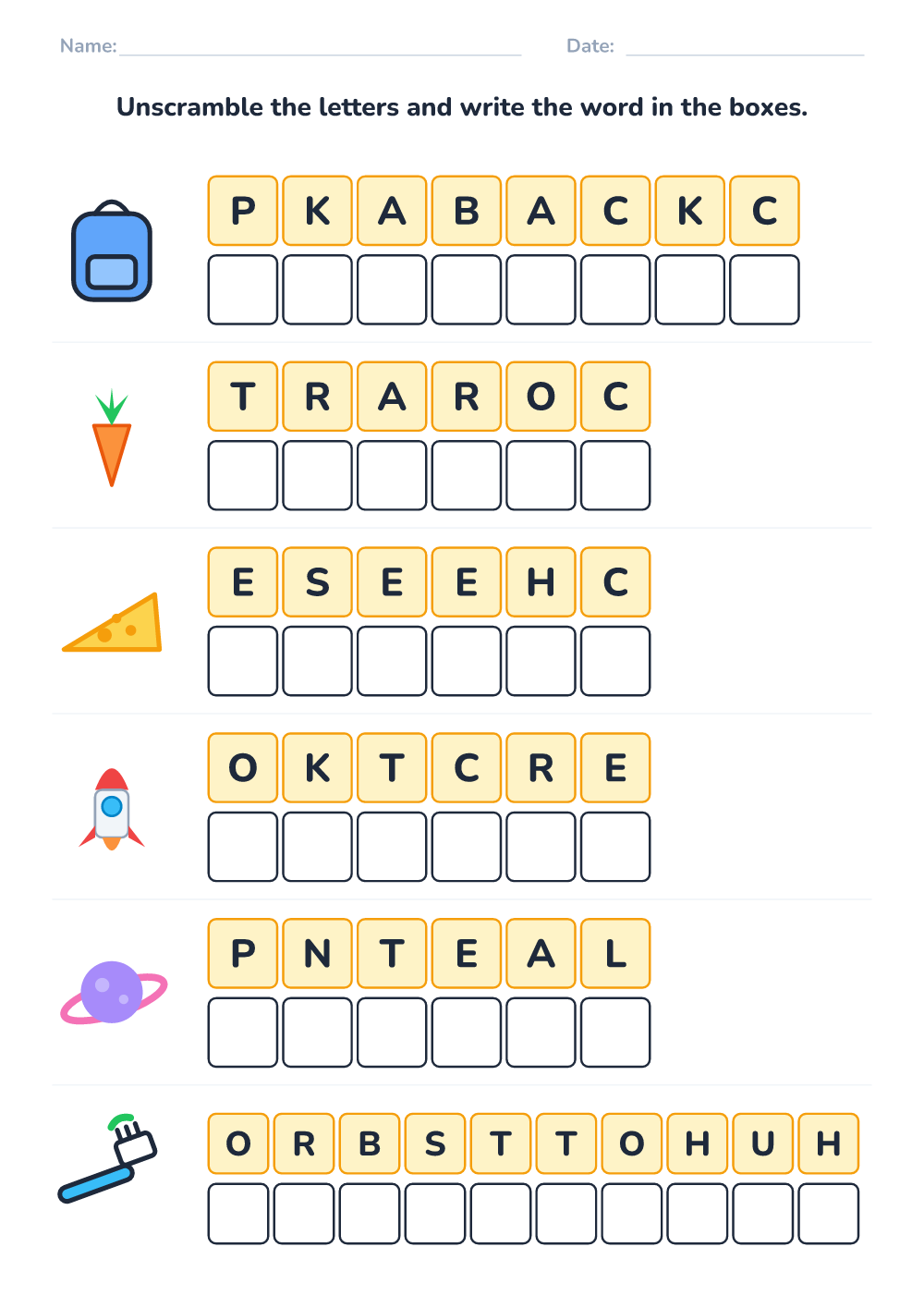 Scrambled words (hard, printable)