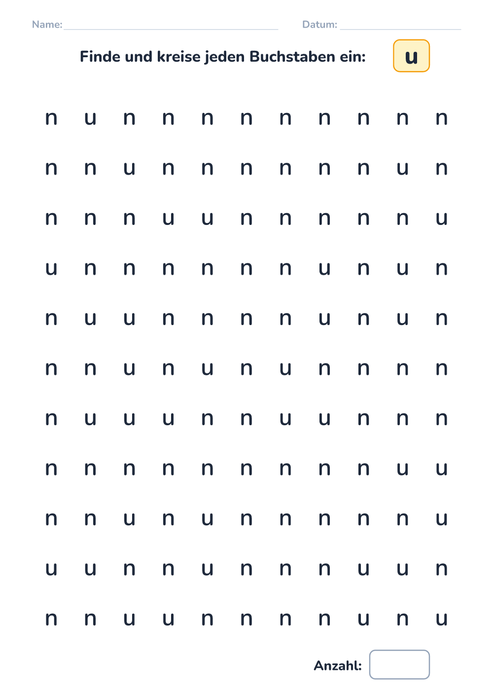 Buchstaben unterscheiden u (mittel, zum Ausdrucken)
