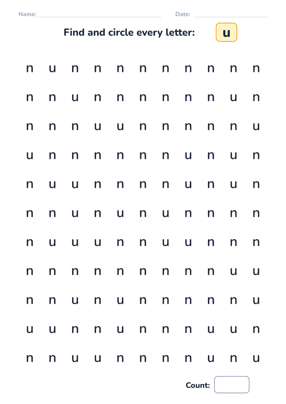 Letter discrimination u (medium, printable)