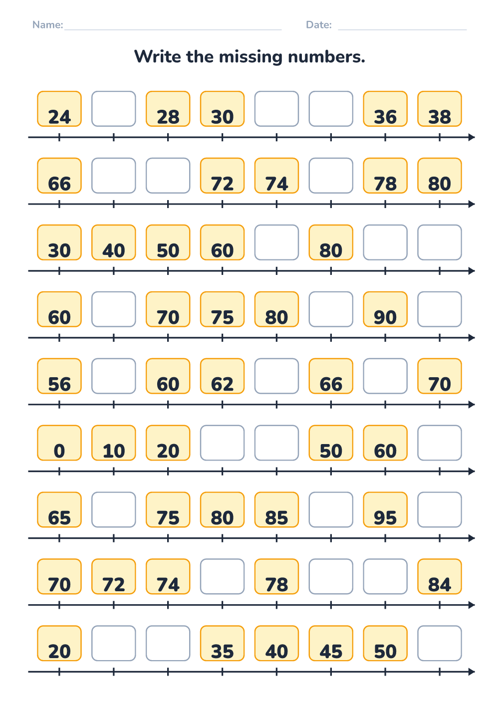 Missing numbers (hard, printable)