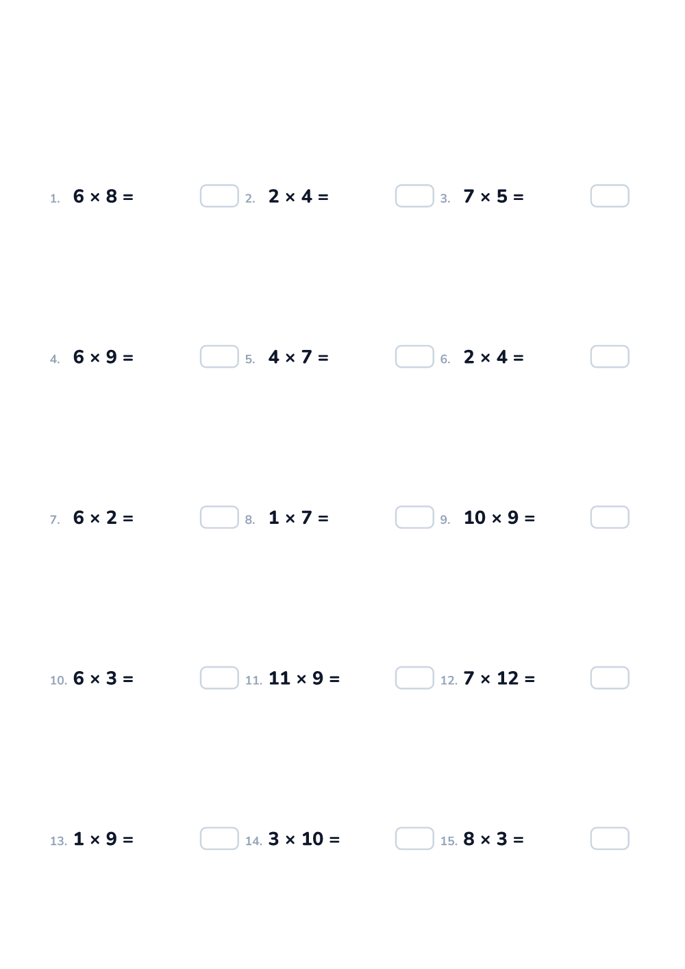Math worksheet — Multiplication, hard (printable)