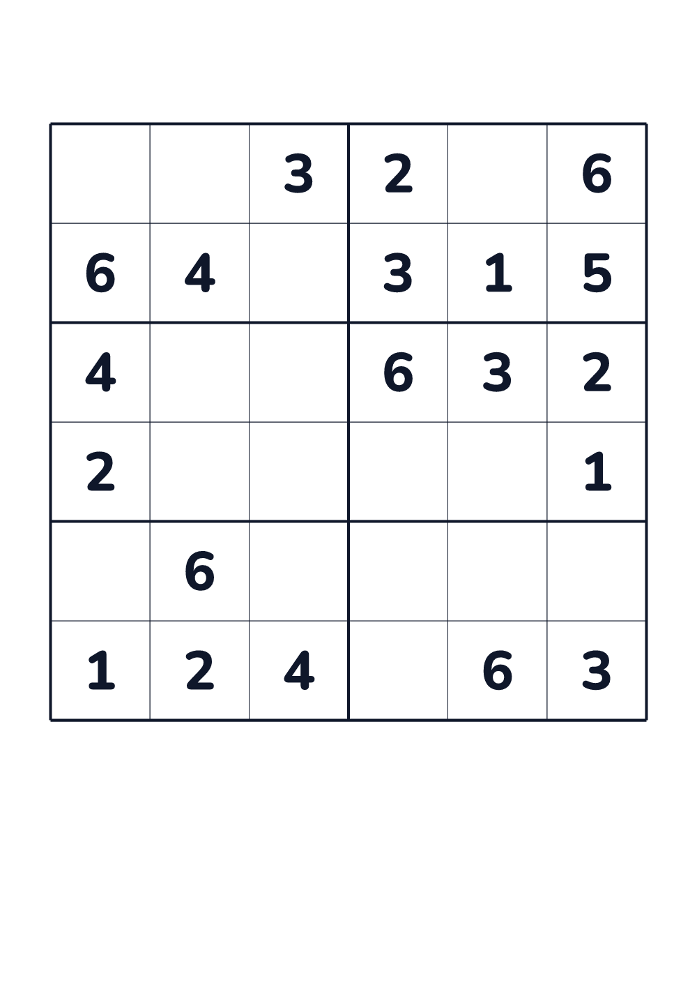 Sudoku 6x6 for kids age 6-8 (printable)