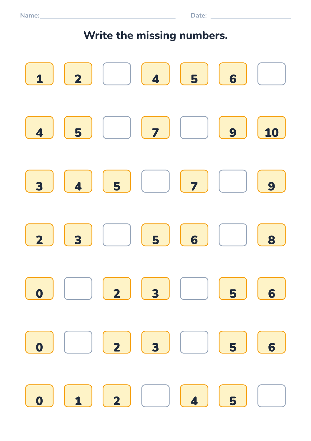 Missing numbers (easy, printable)