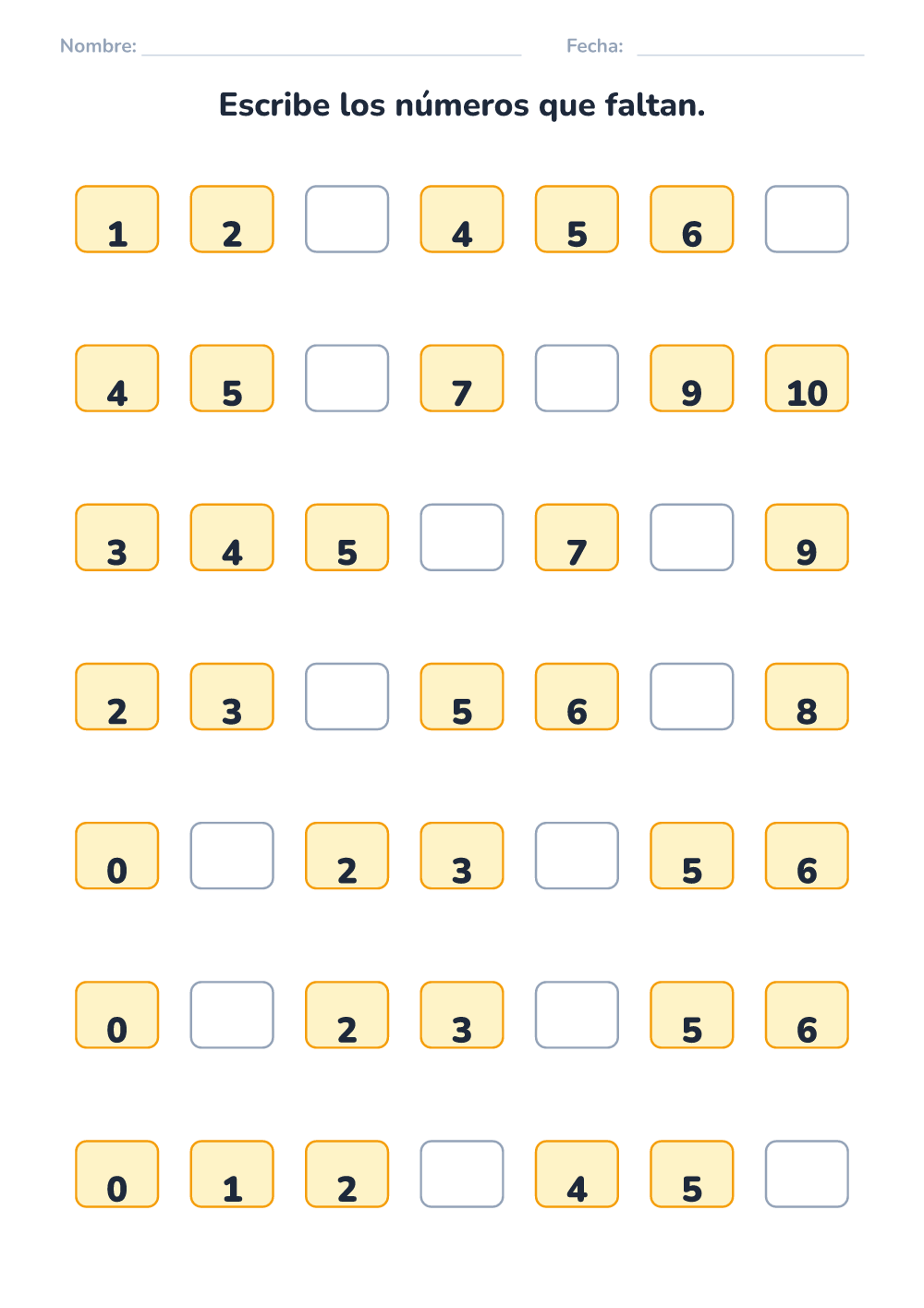 Números que faltan (fácil, para imprimir)